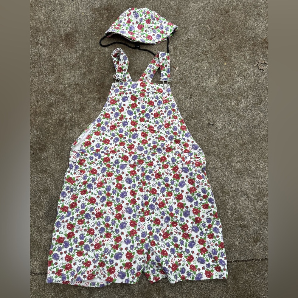 Lazy Oaf Childs Play Floral Dungarees/Denim Overalls & matching bucket hat